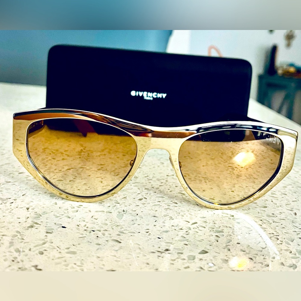 Gorgeous Givenchy gold metal frame, cat-eye sunglasses, cutout logo. Never worn.